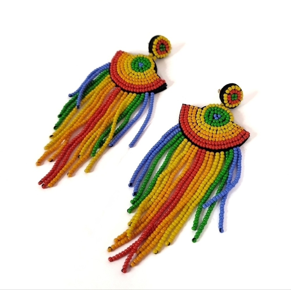 Rainbow Beaded Dangle Stud Earrings NWOT